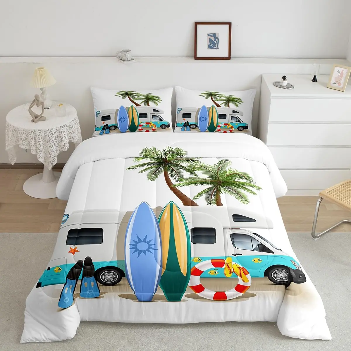 Feelyou Twin Size Breathable Ocean Beach Down Comforter Set - Coastal Theme Bedding with Cartoon Surfboard Bus, Palm Trees Design for Boys, Travel-Friendly Tropical Summer Duvet Insert (Multi-Size Options)