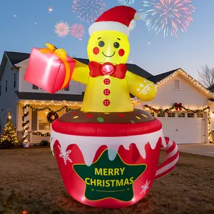 Inflatable Gingerbread Man with Rotating Magic-Color LED Lights Outdoor Self-Standing Candy Cane Figure Easy Setup for Lawn Party Decorations Festive Holiday Decoration
