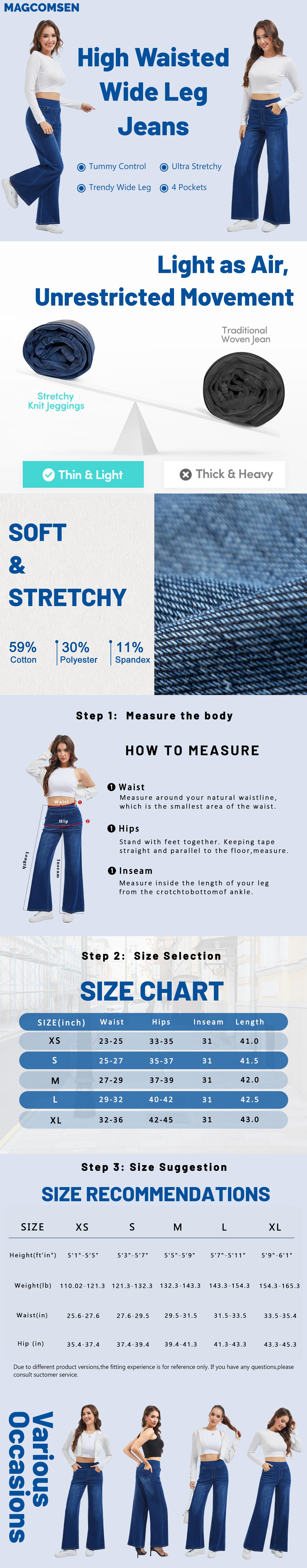 MAGCOMSEN Wide Leg Stretchy Jeans for Women Loose Fit Elastic High Waist Pants Pull On Baggy Fit Jeans Tummy Control Trousers Casual Work Wear FallFreshness Outdoorfun