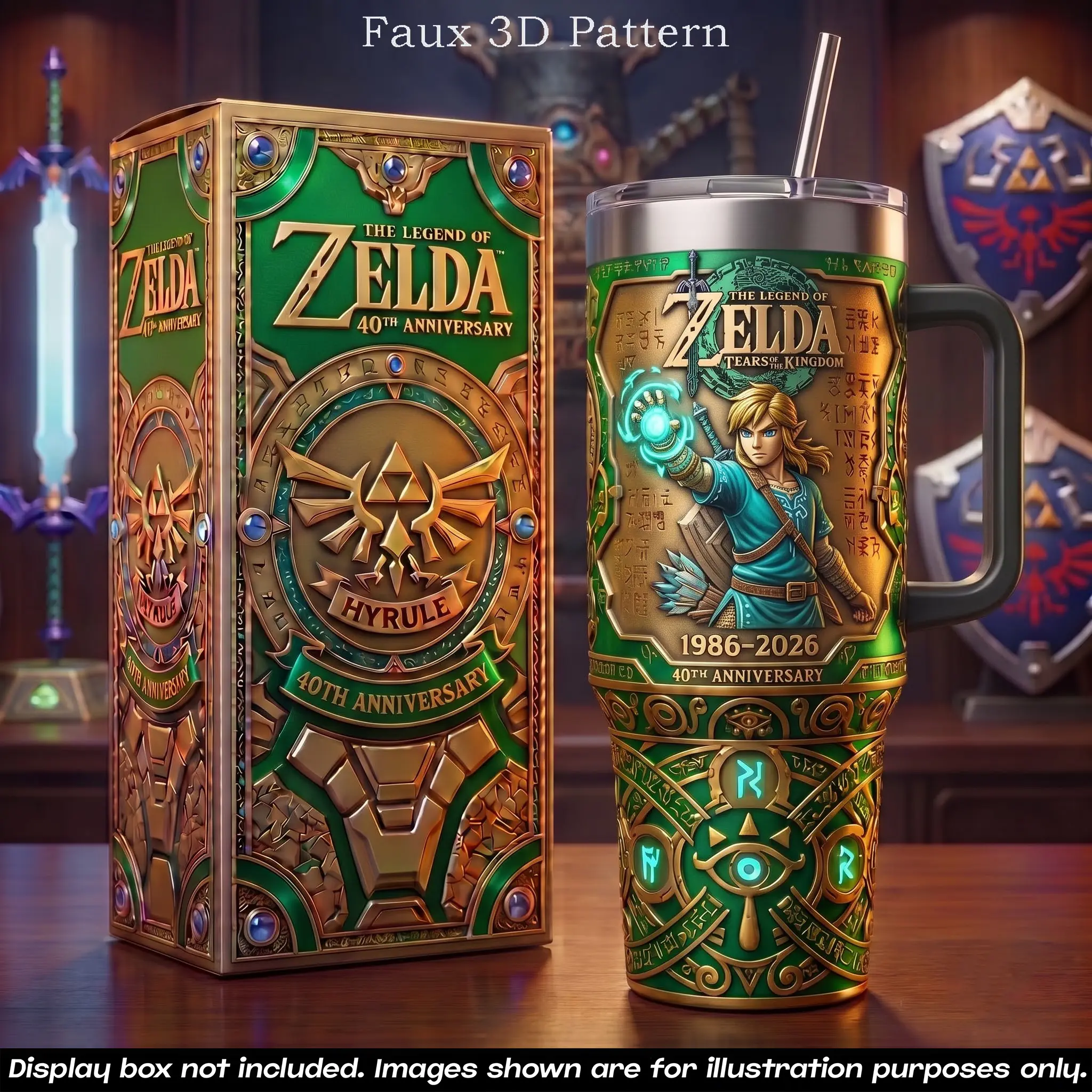 The Legend of Zelda 40th Anniversary 40oz Tumbler (Faux 3D Pattern) With Handle & Straw, Limited Edition 1986-2026 Collector Cup, Hyrule Master Sword Inspired Travel Mug, Fantasy Gamer Gift, Vacuum Insulated Stainless Steel Drinkware
