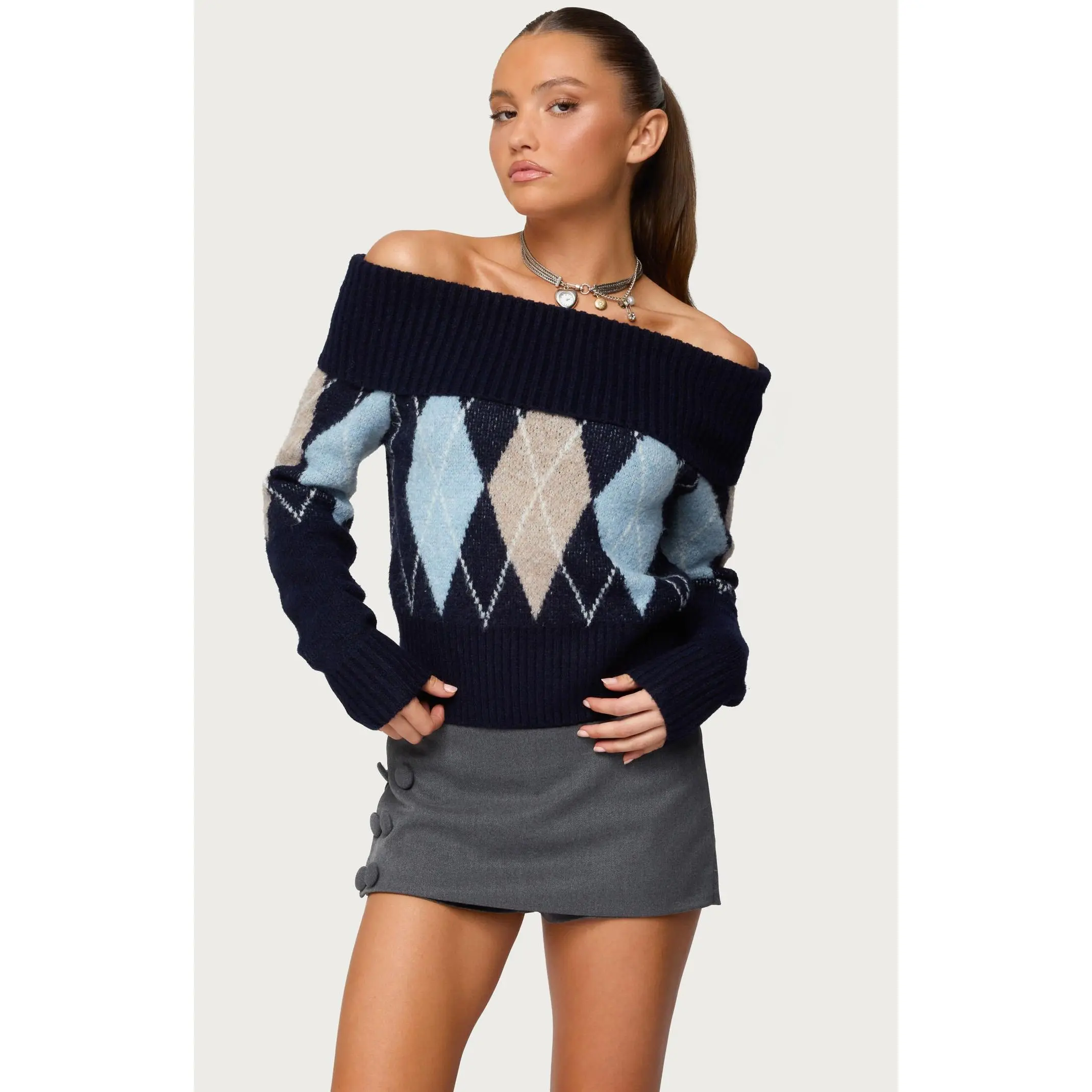 Edikted Women's Jakarie Argyle Foldover Sweater