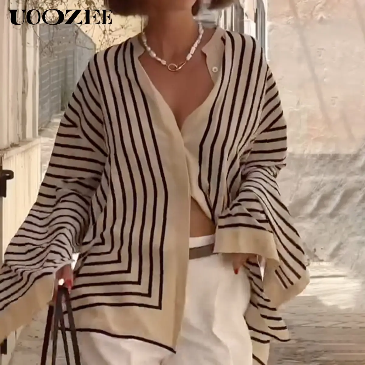 Women's Oversized Striped Stand-Up Collar Long-Sleeve Button-Down Blouse, Lightweight Casual Fabric Shirt with Relaxed Fit for Holiday & All-Season Wear