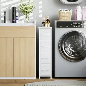 Somdot Four-Layer Tall and Narrow Storage Cabinet,Made of Plastic,with a Slim Design,Doors and Adjustable Shelves,Wheels, Stackable and Foldable, Suitable for Small Space,Bathrooms and Kitchen.