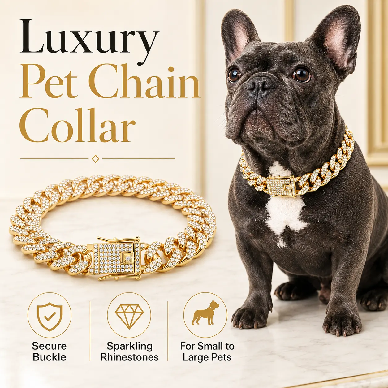 Rhinestone Dog Cuban Chain Collar, Sparkly Pet Jewelry Necklace with Secure Buckle, Stylish Metal Collar for Small Medium Large Dogs & Cats