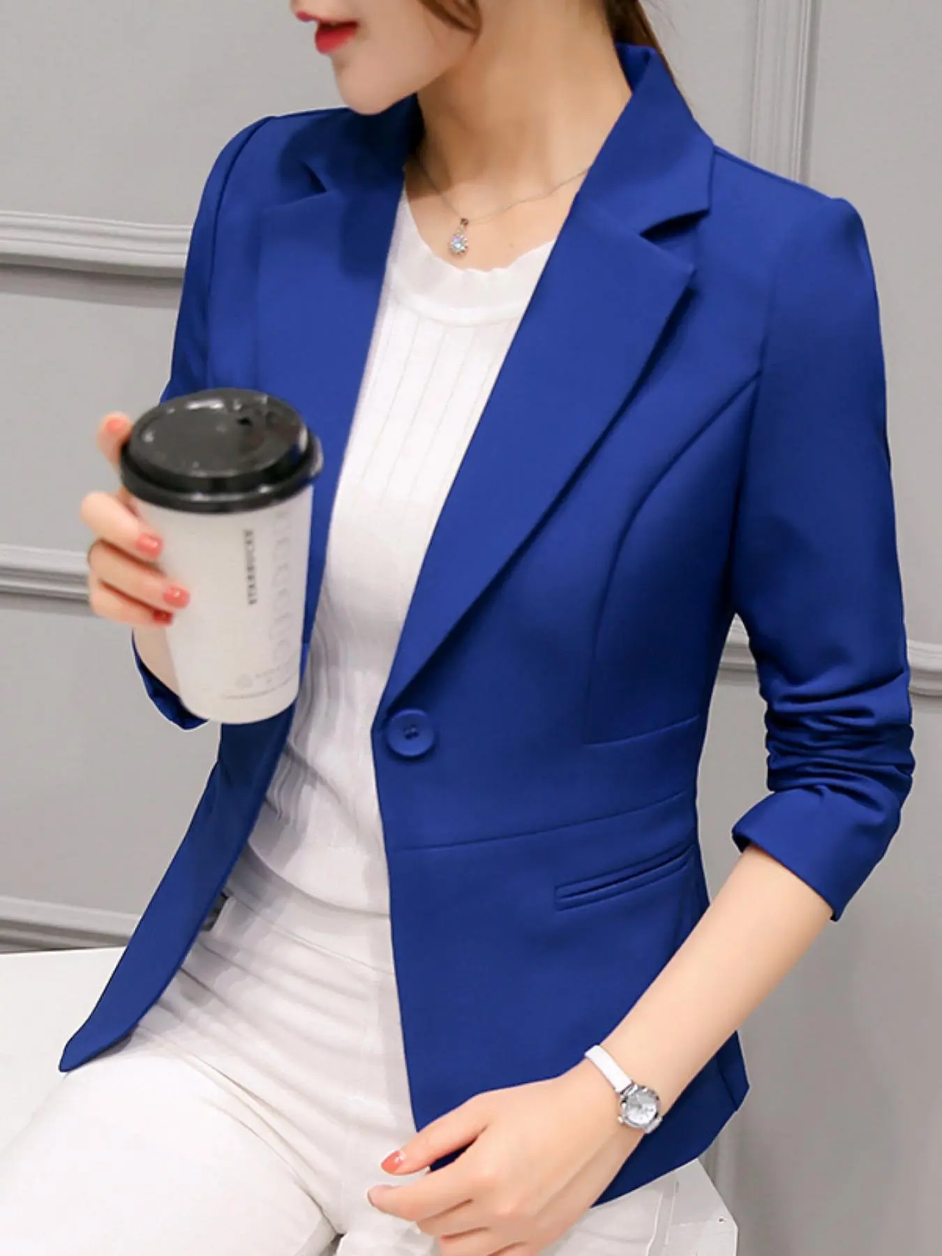 Women's Solid Button Front Lapel Blazer, Casual Long Sleeve Outerwear for Work Office Business, Ladies Clothes for All Seasons