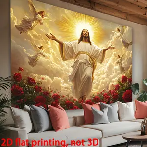 Jesus religious wall hanging tapestry with heavenly Jesus, angels, and red roses. HD printed Christian church decor for Christmas, Easter, or weddings. Durable polyester fabric spiritual decoration.