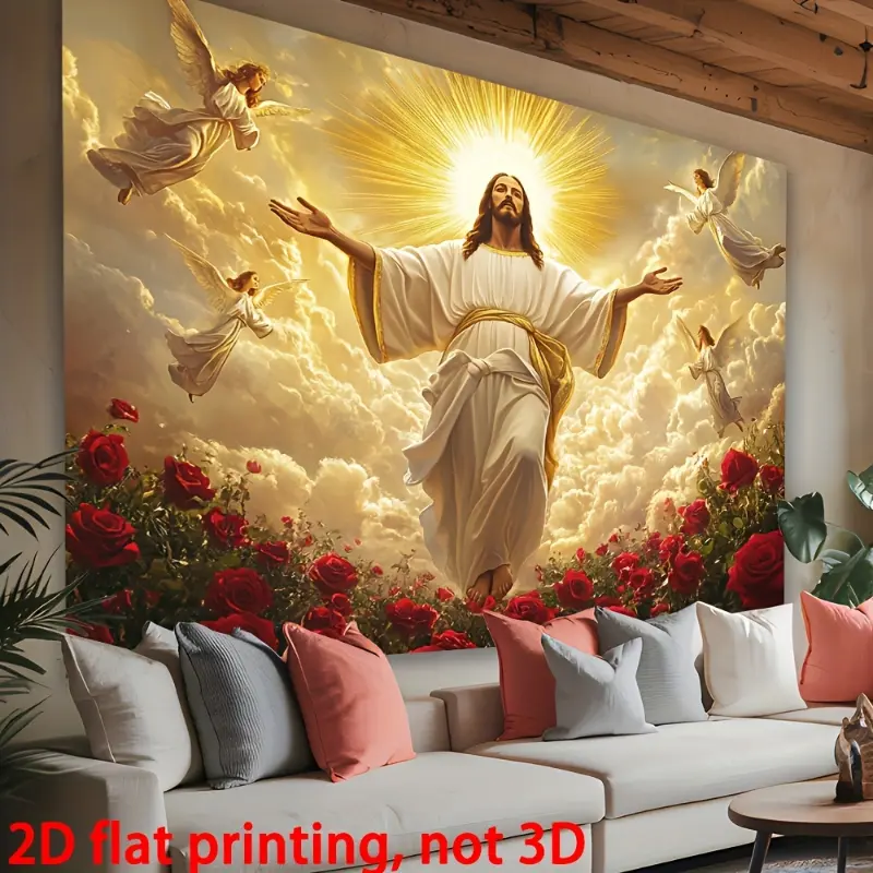 Christian Velvet Rectangular Jesus Religious Wall Hanging Tapestry - 160-180g Synthetic HD Printed Durable Polyester, Heavenly Jesus, Angels, Red Roses, Indoor Church Room Spiritual Decor for Christmas, Religion