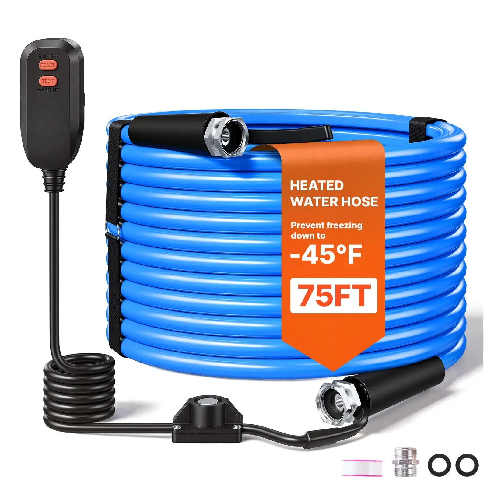 VEVOR 75FT Heated Water Hose for RV -45°F Anti Freeze Drinking Water Hose, 1/2" ID, Smooth Surface, with Leakage Protection GFCI, Built-in Thermostat, Freeze & Leak-Proof, Lead and BPA Free for RVs