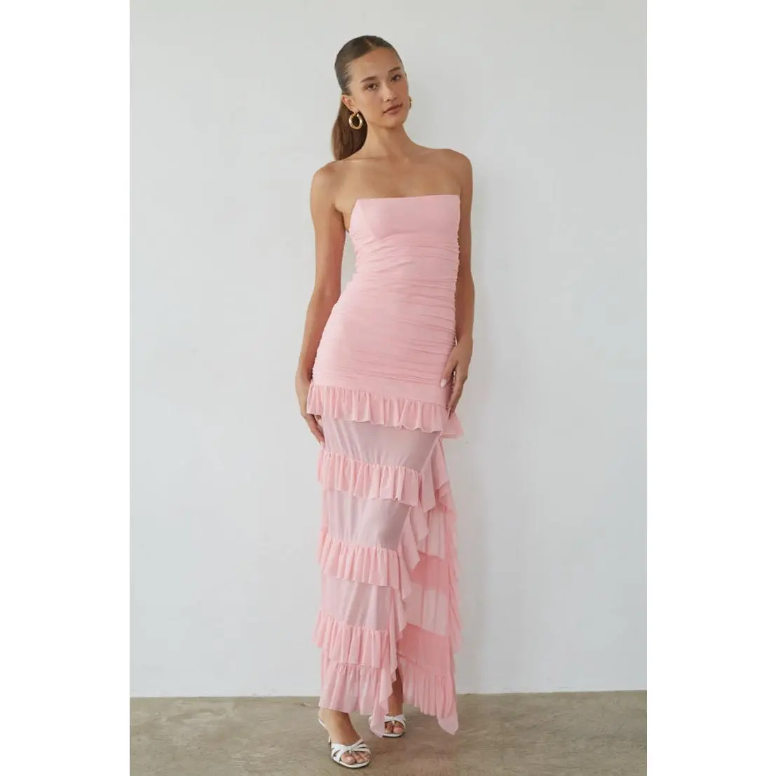 Women's Strapless Corset Full-Length Bodycon Gown, Ruched Tiered Exaggerated Ruffle Sleeveless Dress with High Leg Slit, Spandex Mesh-Polyester-Elastane-Nylon Blend Fabric, Zipper Closure, Silver Bottom