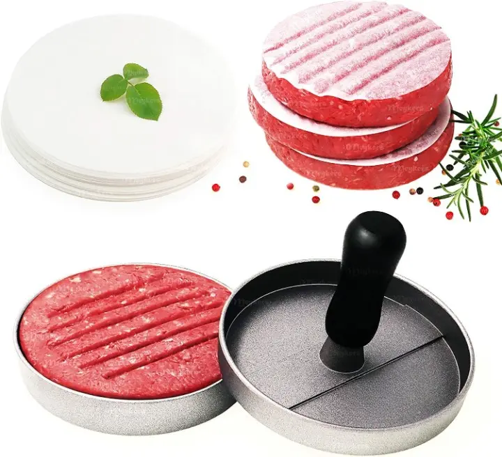 Burger Press 100 Patty Papers Set - Non-Stick Hamburger Mold with Free Wax Patty Paper Sheets for Perfectly Shaped Burgers Kitchen Meat Kitchen Meat
