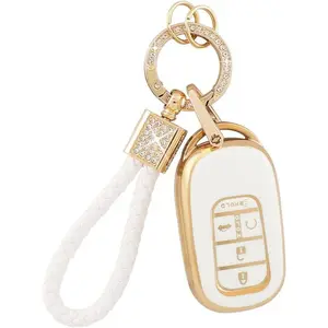 Key Fob Cover Fit for Honda 2025 2024 2023 CRV Civic Accord Pilot HRV 5 Button Car Smart Keys Shell Case with Bling Keychain Full Protector Accessories White Gold TPU Cute Girly Women