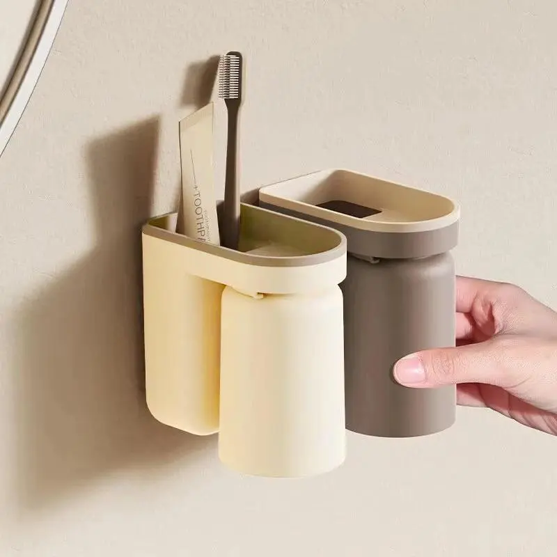 Hole-Free Light Luxury Bathroom Toothbrush Holder, No-Drill Wall-Mounted Organizer with Mouthwash Cup for Couple Set, One Piece
