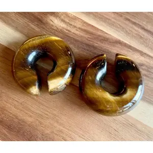 PAIR of Unique Organic Tiger Eye Stone Hoops Ear Weight Hanging Plugs - Gauges  2g (6mm) up to 5/8" (16mm)
