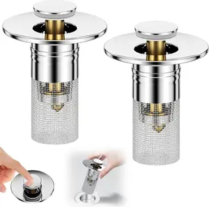 3 in 1 Sink Drain Strainer with Hair Catcher,2PCS Stainless Steel Popup Sink Stopper with Basket for Bathroom Kitchen Shower,Pop-up Bounce Core Floor Basin Drain Filter,Replacement Sink Plug Cleaning Household Universal Dual Function Bathroom Stopper