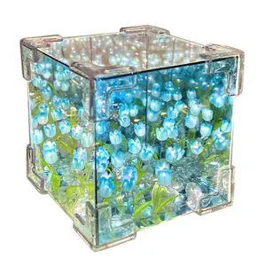 LED Tulip Flower Cube Night Light (4 Colors) - DIY Artificial Floral Decor, Creative Desktop & Bedside Decoration, Gift for Girlfriend Valentine's/Mother's Day/Kids' Birthday