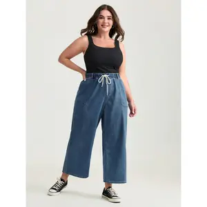 BLOOMCHIC Summer Turn-Up Plus Size Pull-On Drawstring Elastic Waistband Wide-Leg Jeans Denim Light Blue 2026 Mother's Day Gift 2026 Summer Vibes Swimweek
