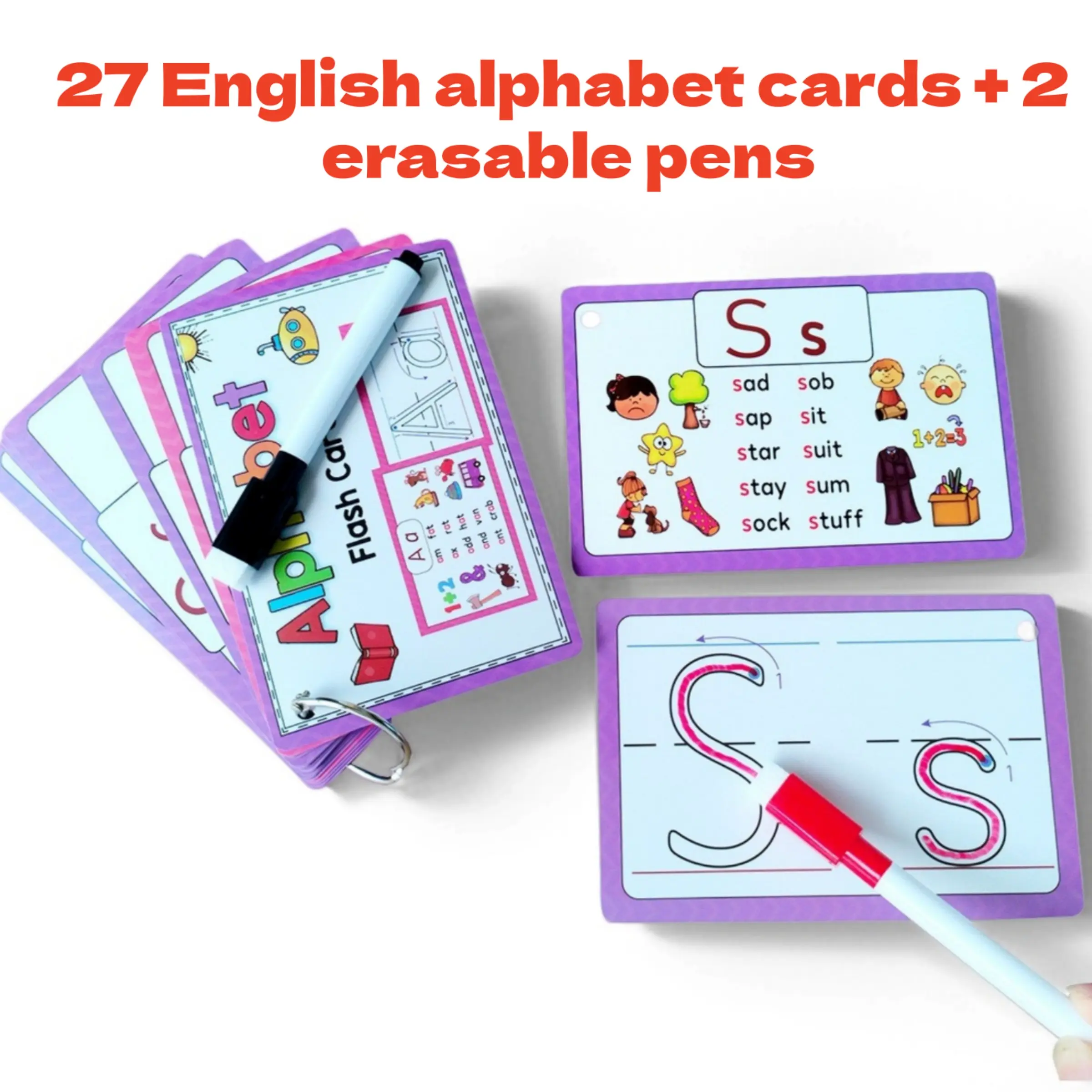 Reusable Phonics Alphabet Cards for Preschoolers—27 double-sided waterproof cards with 2 erasable markers; early preschool learning tools and memory aids, Star, Alphabet Flashcards, Abc Flashcards for Toddlers