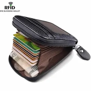Brand New Genuine Leather RFID Blocking Wallet Credit Card Holder with Zipper Pocket - Black