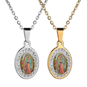 Miraculous Medal Religious Gifts for Women - Golden Stainless Steel Necklace with Inlaid Zircon Pendant, Fashion Religious Jewelry