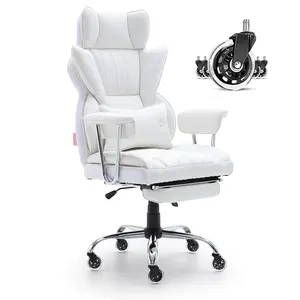 VEVOR Reclining Office Chair with Footrest,  Heavy Duty PU Leather Wide Office Chair, Big and Tall Executive Office Chairs with Lumbar Support, Strong Metal Base Quiet Wheels, White