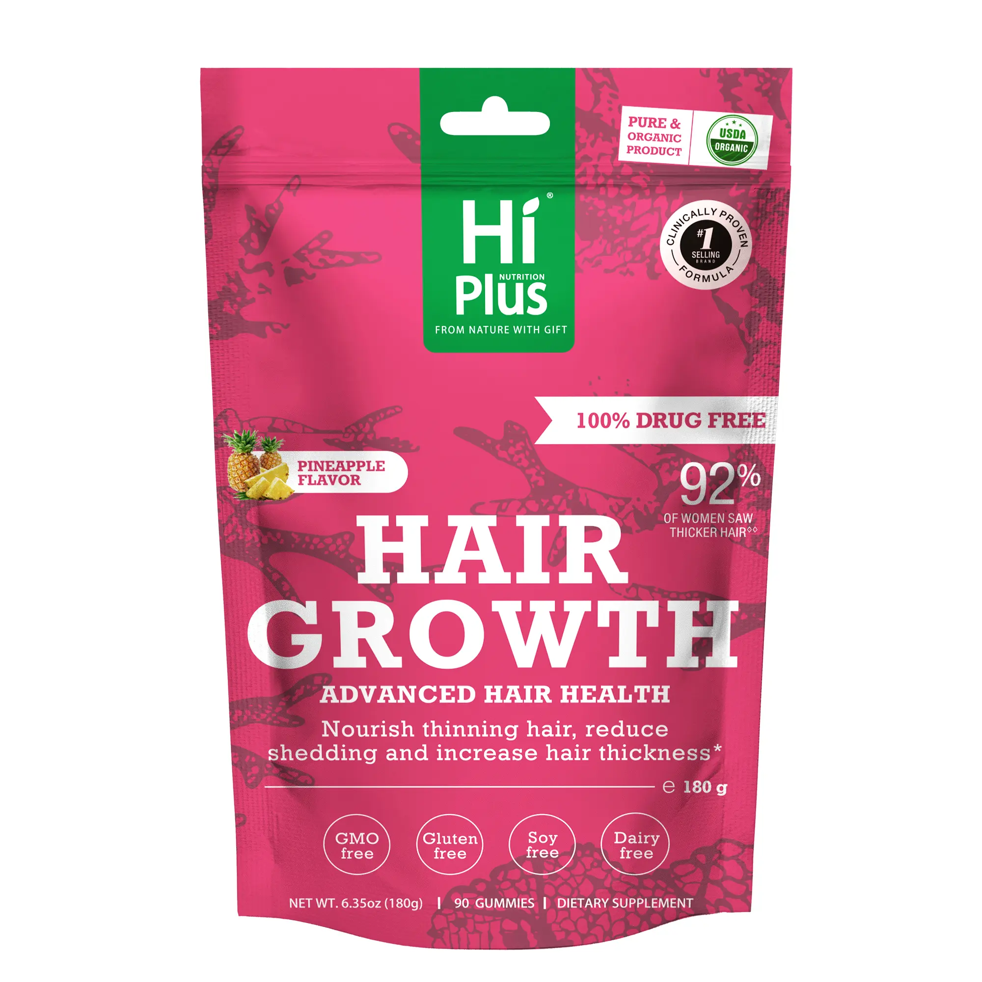 HiPlus Hair Growth Accelerator Dietary Supplement - All Natural Beauty Vitamin Blend with B Vitamins, Proprietary Collagen Complex, Biotin, Clinically Proven, Dermatologist Recommended Edible Food Hair Loss Supplement (45-Day Supply), Food Hair Loss Suppl