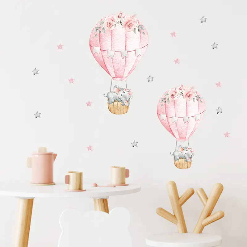 Night Glow Hot Air Balloon and Sleeping Elephant Wall Decals, 1 Sheet Peel and Stick Removable Wall Decors, Animal Pattern Wall Decorative Stickers for Daycare, Kid's Room, Nursery, Baby Room, Bedroom, Playroom