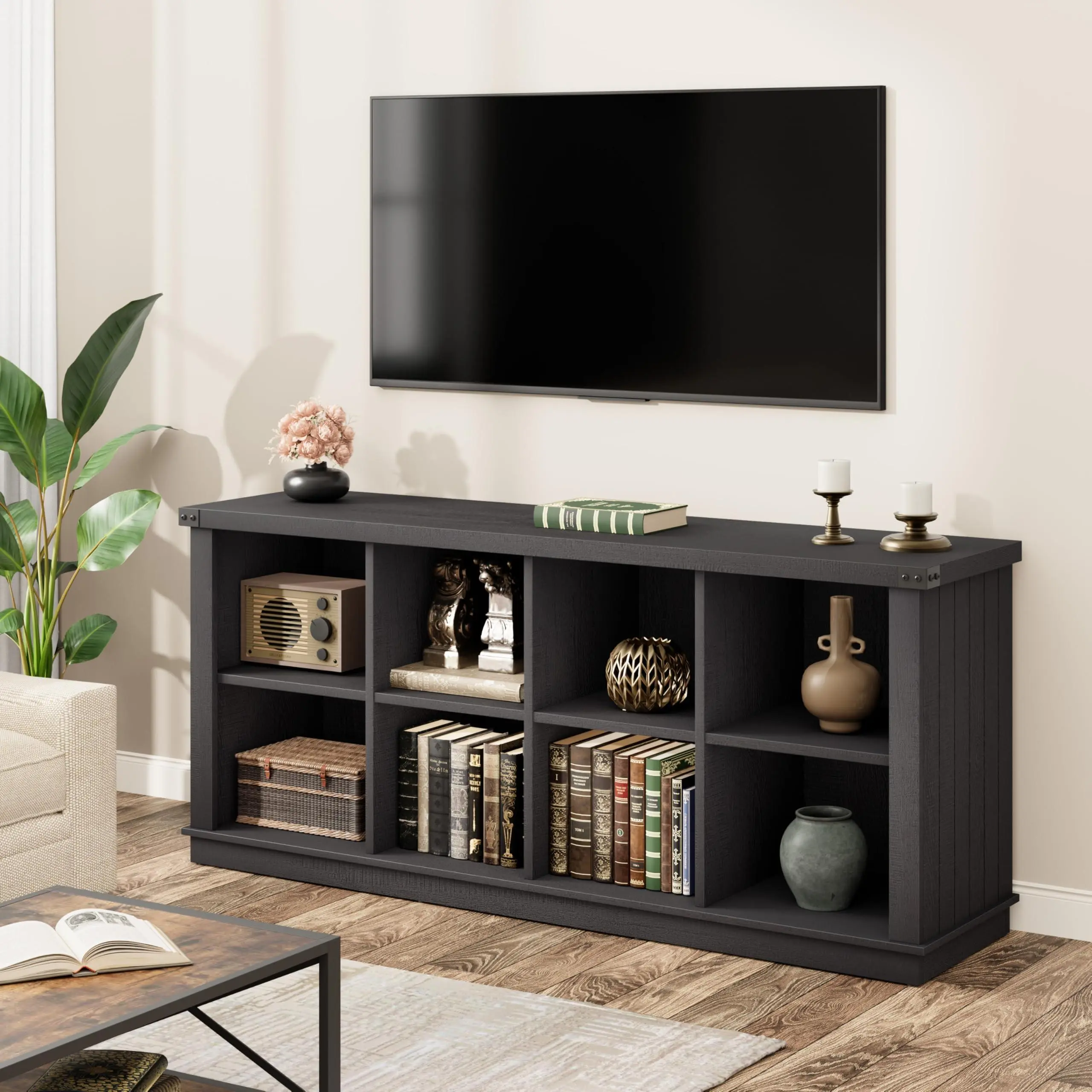 8 Cube Storage Organizer Bookshelf, Farmhouse Horizontal Bookcase, 62 in Long Low Bookshelf, Wood Storage Bookcase for Living Room, Entryway, Home Office, Charcoal Black