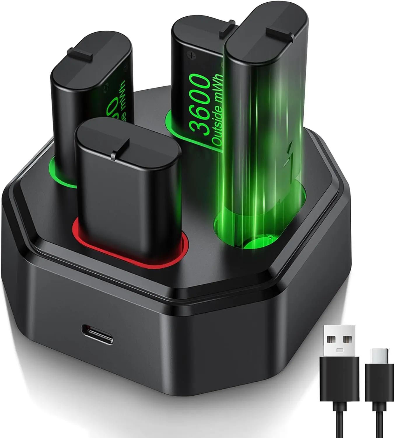 RUNTOGOL Xbox Controller Rechargeable Battery Packs (4x3600mAh) with Fast Charging Dock, Compatible with Xbox 1, Series X|S, High-Capacity, Long-Lasting, LED Glow, Overheat Protection (Black) console accessory