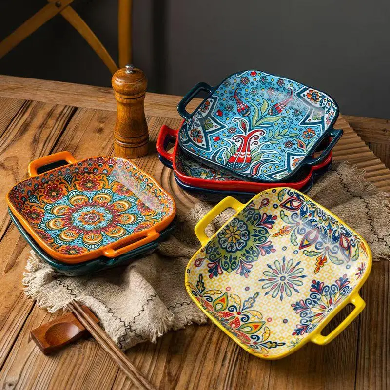 Boho Style Ceramic Baking Plate, 3 Counts/set Colorful Floral Pattern Serving Plate with Handle, Kitchen Tableware for Home Dining Room Picnic Dinner Plates