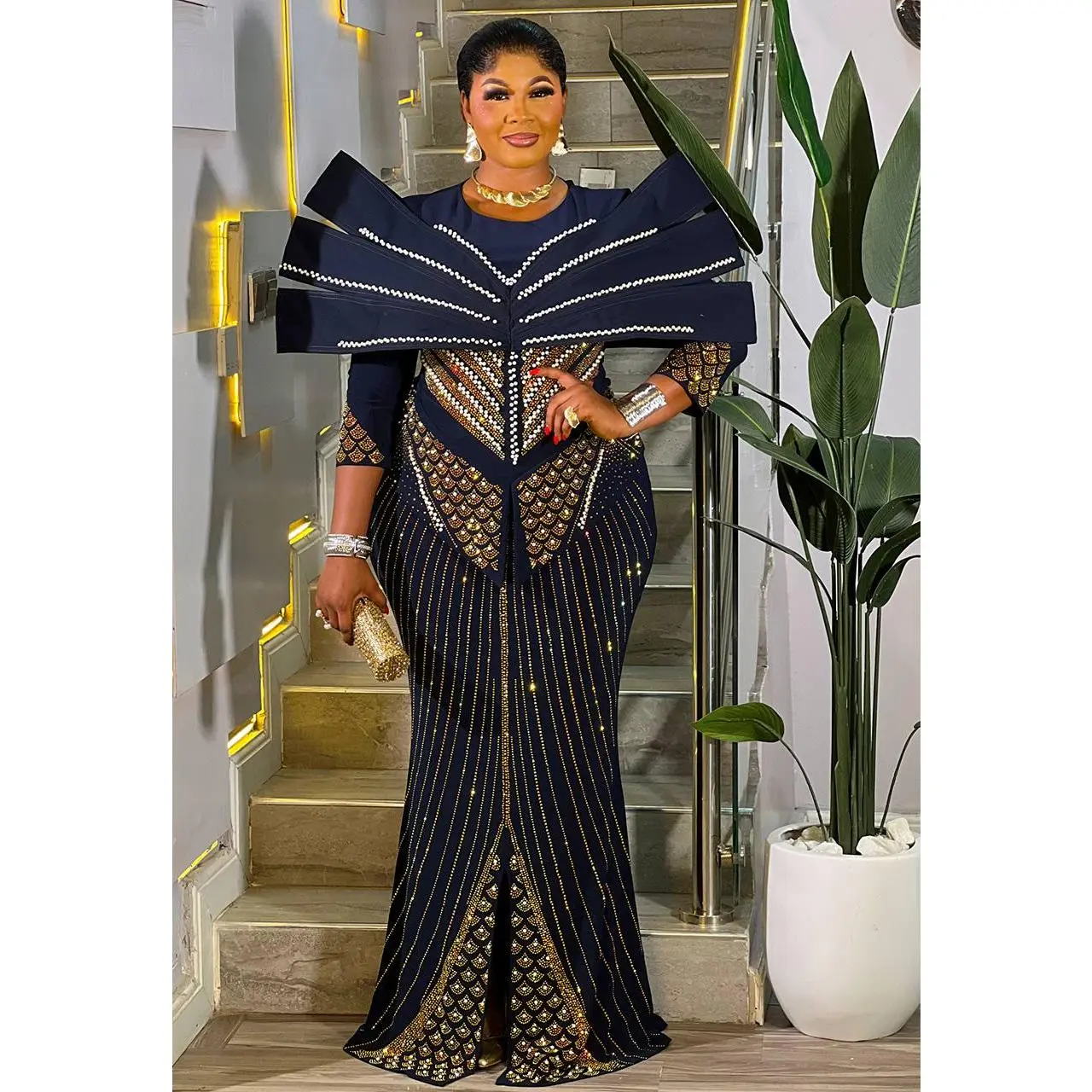 Dramatic Blue Rhinestone Structured Shoulder Maxi Dress Wedding Guest Birthday Party Cocktail Church Gala Anniversary Mother of The Bride Outfit