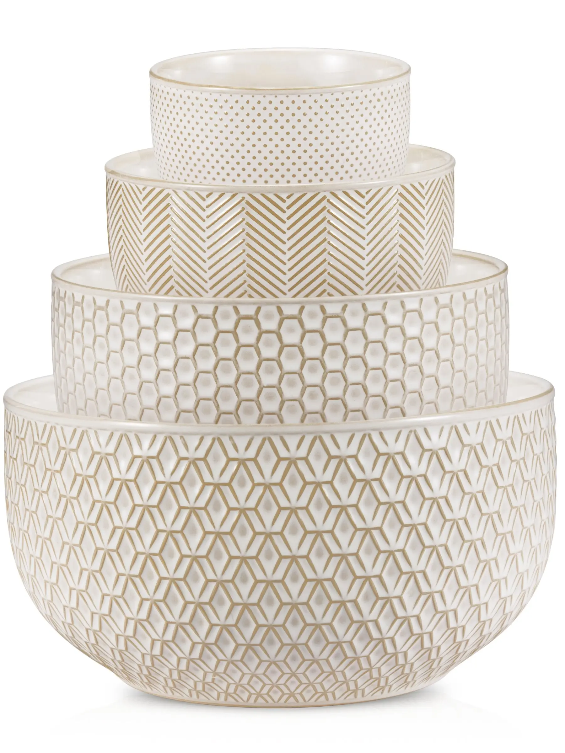 Glossy Ceramic Nesting Bowls Set of 4 (20/44/98/145 oz, Cream-Copper Geometric), Oven-Safe Kitchen Food Bowls for Tableware