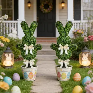 Spring Easter Bunny Garden Stake - Dual Bow Greenery Topiary Rabbit, Outdoor Yard Decor & Festive Easter Gift