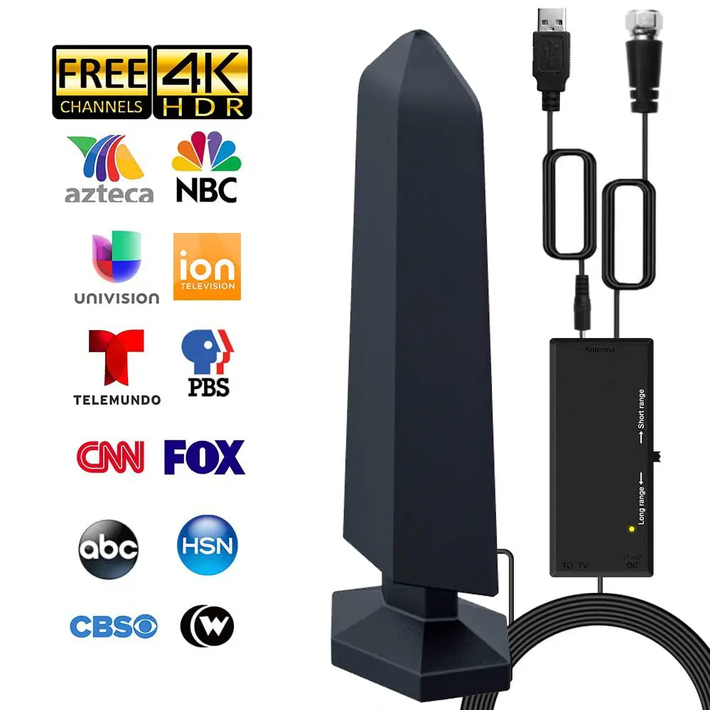 HWU Digital HDTV Antenna Long Range Amplified TV Antenna with Signal Booster, 360° Reception Support 4K 1080P for Free Local Channels, Indoor Outdoor Smart TV Antenna Hdmi Output Telescopic Stand