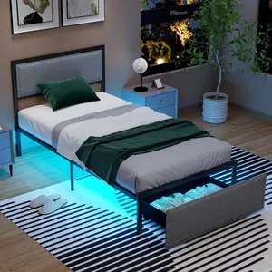 Spaco Twin Bed Frame with LED Lights and Storage Drawer, Upholstered LED Bed with Linen Fabric Headboard, Metal Slats Support, No Box Spring Needed, Twin Bed Frames for Teens