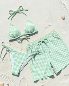 [MATCHING SWIMSUIT SET - EXTREMELY HOT] This checkered swimsuit set, including a cool blue striped bikini and swim bottoms, is a memorable gift for your vacation.