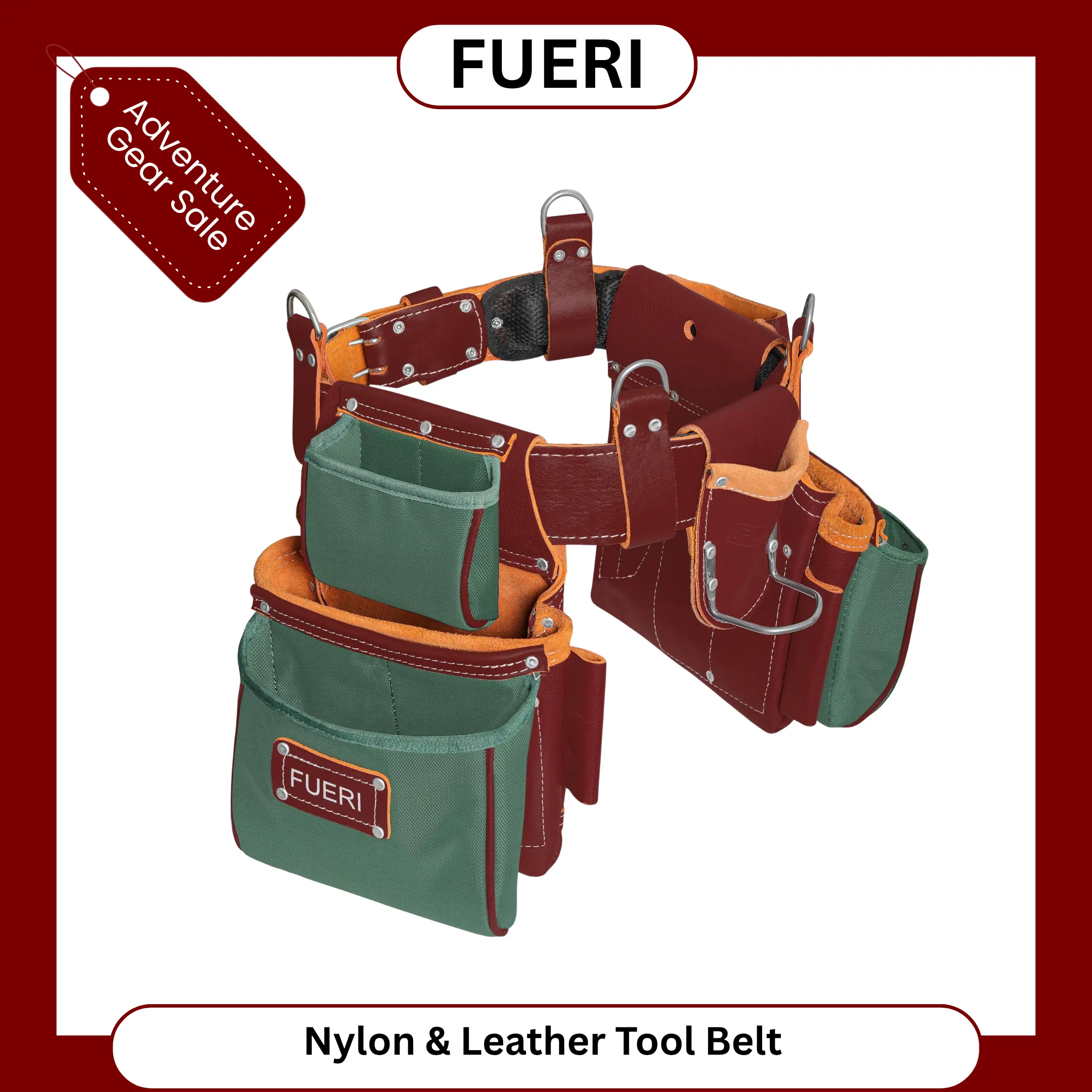 FUERI Nylon & Leather Tool Bag Organizer with Suspender, 19 Tool Pockets, Adjustable Foam-Padded Waistband, 4 D-Loops, Hammer Holder, Belt-Mounted Heavy-Duty Option for Carpenters