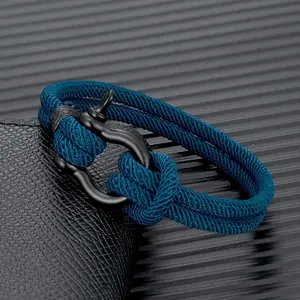 Men Women Navy Blue Marine Sailor Rope Nautical Survival Shackle Bracelet Black Stainless Steel Wrap Metal Sport Hooks