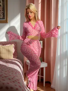 European And American Sexy And Romantic Lingerie Set, Valentine's Day Passionate Uniform, Heart-shaped Printed See-through Pajama Set for Women
