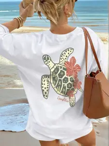Tropical Sea Turtle & Hibiscus Short Sleeve T-Shirt, Casual Beach Surf Streetwear, Premium Cotton Fabric, Boho Style, Bohemian, Loose Fit