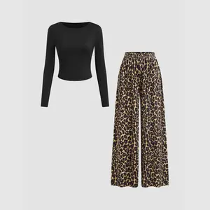 Cider [size 2-10] Round Neckline Long Sleeve Top & Mid Rise Leopard Elastic Waist Wide Leg Trousers Set