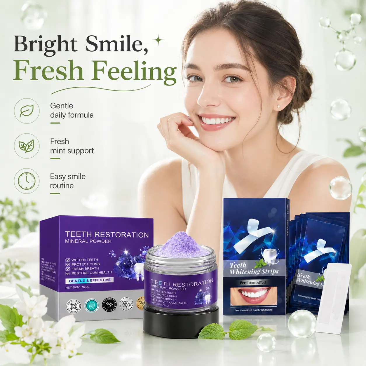 purple mineral tooth powder Peroxide-Free  Whitening Powder (50g) - Color-Correcting Oral Care Formula with Hydroxyapatite, Xylitol, Mint for Stain Removal, Smile Brightening non sensitive teeth