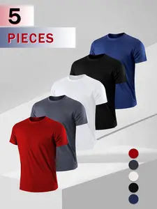 5pcs Men's Solid Color Quick Dry Ultra-thin Breathable ShortSleeve Crew Neck Comfortable T Shirt Suitable for GymFitness Training, Spring and Summer Fathersdaygift Athletic Sports Clothing Athletic Top