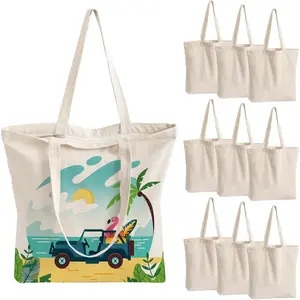 10 Pack Canvas Tote Bag with Zipper,  Grocery Bags with Long Handle, DIY Heat Transfer Sublimation Blanks Shopping Bags for Advertising, Birthday, Party, Graduation Season ()