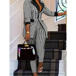 Plus Size Casual Suit Set, Women's Plus Houndstooth Print Long Sleeve Lapel Collar Blazer & Pants Outfits 2 Piece Set