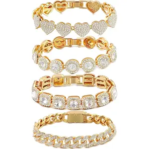 4 Pcs Fashion Bracelets for Women,Clustered Tennis Bracelet for Ladies,Heart Round Diamond Cuban Bracelet Layered Link Bracelet Set,Fashion Jewelry for Girls,Christmas Party Gifts,Hand Tools Kits