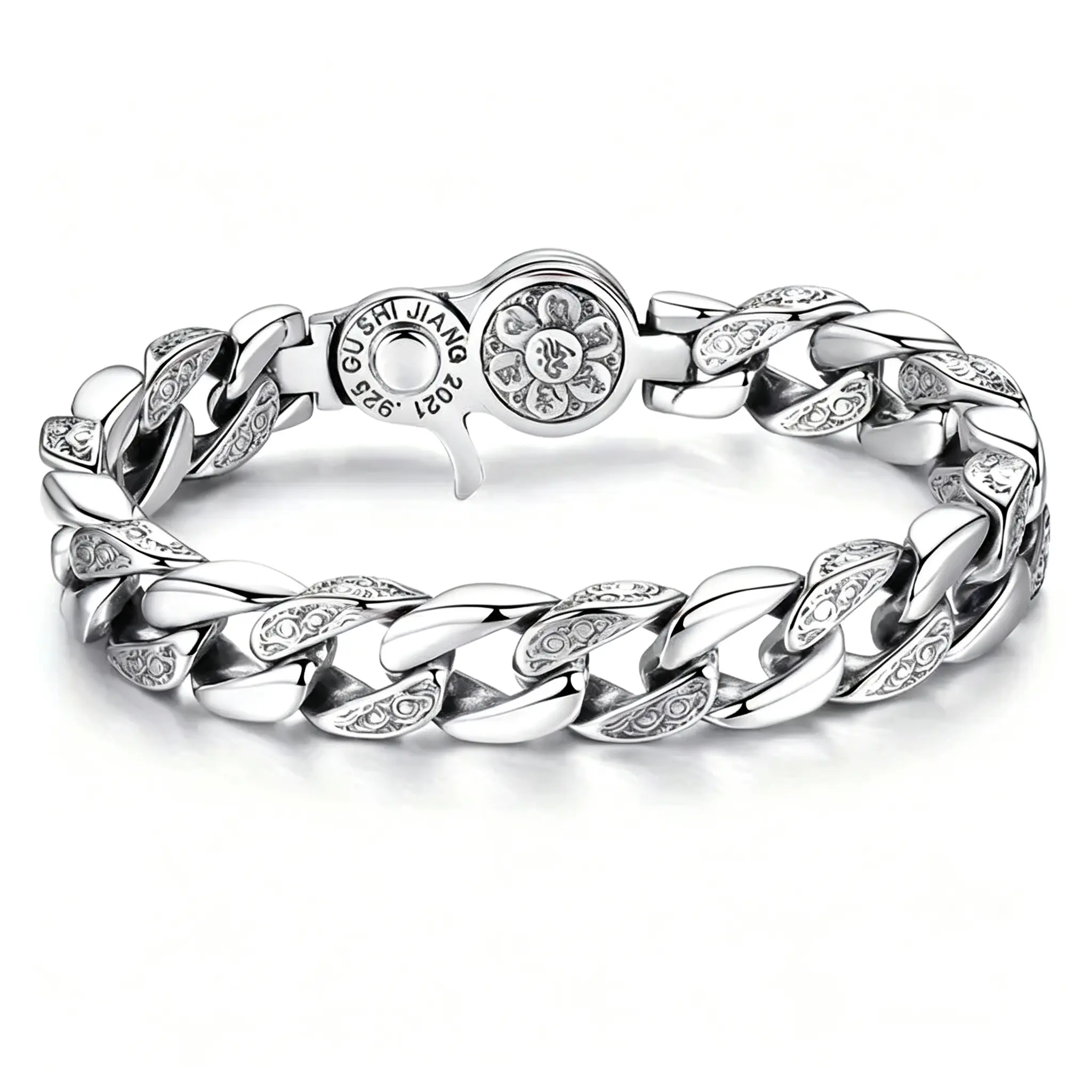 Women's Cuban Link Bag Charm, Classic Engraved Chain, Rotating Flower Motif, Fashion Accessory, Gift-Ready for Daily Use