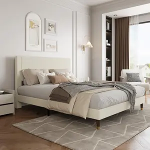 Garvee Queen Size Upholstered Platform Bed Frame with Modern Fabric Headboard, Sturdy Metal Frame, Wooden Slats for Double Support, Non-Slip, Noise-Free, No Box Spring Needed, Easy Assembly in Beige
