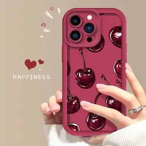 Sexy Wine Cherry Pattern case, Soft Silicone Tpu Protection and Shockproof For iPhone 17 16 15 Pro Max 14 16Pro 13 12 11 X Plus Air Mini Girl.Stylish design,shockproof protective , phone cover gift pink case