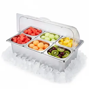 6 Pan Countertop Food Serving Display Container Stainless Steel Ice Cooled Food Display Rack Pans with Clear Roll Top Cover for Restaurant Hotel Kitchen Party