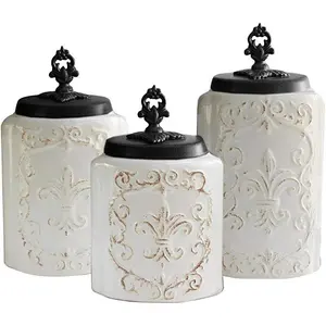 Fleur de Lis White Canister Set 3-Piece Ceramic Jars in 84.5oz, 74.5oz, & 60oz Designed w/ Airtight Stainless Steel Lids for Cookies, Candy, Coffee, Flour, Sugar, Rice, Pasta, Cereal